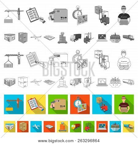 Logistics And Delivery Flat Icons In Set Collection For Design. Transport And Equipment Isometric Ve