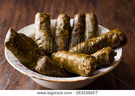 Turkish Food Dolma Stuffed Grape Leaves With Minced Meat, Rice And Tomato Paste / Sarma