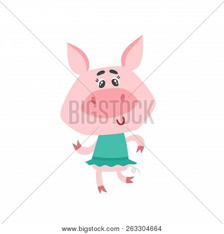 Cute Cartoon Dansing Girl Pig Isolated On White.