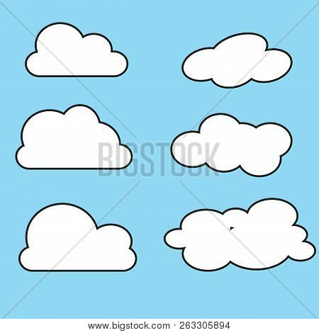 White Cloud Icon Set. Fluffy Clouds. Cute Cartoon Cloudscape. Cloudy Weather Sign Symbols. Flat Desi