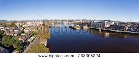Limerick City Skyline Ireland. Beautiful Limerick Urban Cityscape Over The River Shannon On A Sunny