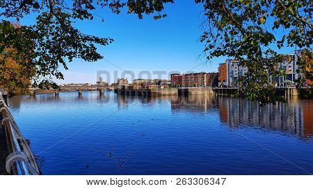 Limerick City Skyline Ireland. Beautiful Limerick Urban Cityscape Over The River Shannon On A Sunny