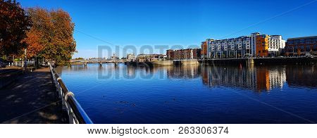 Limerick City Skyline Ireland. Beautiful Limerick Urban Cityscape Over The River Shannon On A Sunny