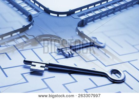 Composite Of Railway Tracks And Key On Maze