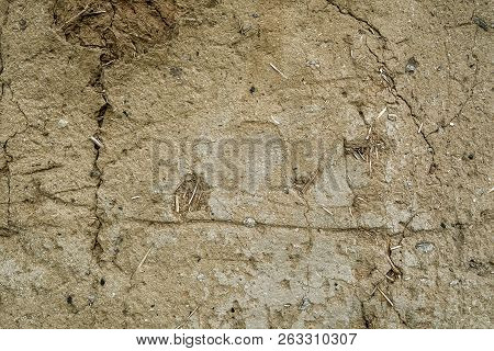 Clay And Straw Close-up - Texture, Background. Close Up Of The Cracked Ground, Dry Soil Texture