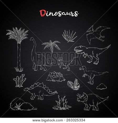 Dinosaurus Set, Collection With Plant On Chalk Blackboard.