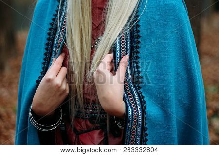 Girl With Long Hair, Blonde, Holding A Cape In Her Pink Dress