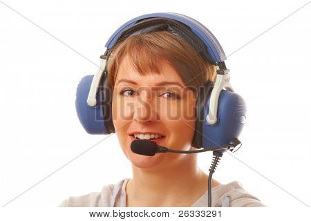 Woman lentäjä Headset käytetään ilma eristetty valkoisella taustalla. Samankaltaisia kuulokkeet ovat myös 
