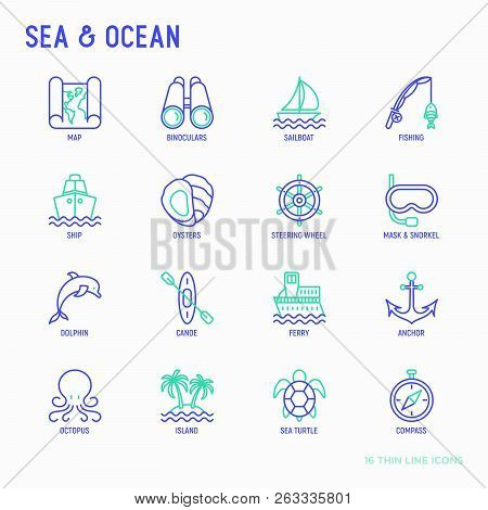 Sea And Ocean Journey Thin Line Icons Set: Sailboat, Fishing, Ship, Oysters, Anchor, Octopus, Compas