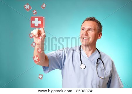 Medicine doctor with futuristic holographic pills