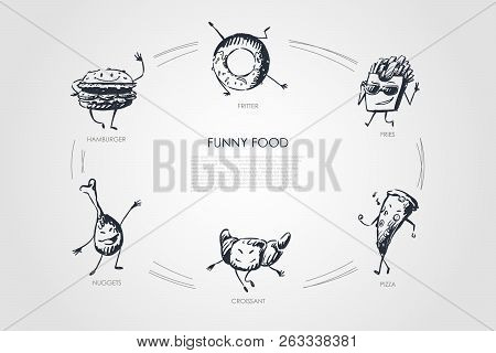 Funny Food - Hamburger, Nuggets, Croissant, Pizza, Fries, Fritter Vector Concept Set. Hand Drawn Ske