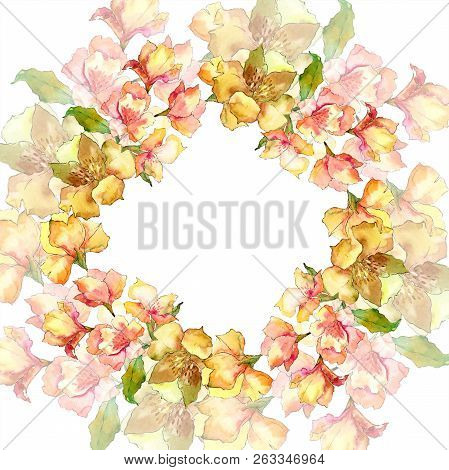 Watercolor Yellow And Orange Alstroemeria Flower. Floral Botanical Flower. Frame Border Ornament Squ