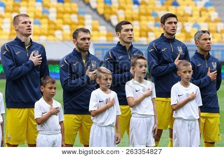 Lviv, Ukraine - September 9, 2018: Ukrainian Players Listen To The National Anthem Before The Uefa N