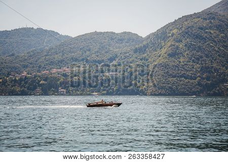 Lake Como, Italy - July 6, 2017: Speed Boat On Lake Como, On A Bright Summer Day.  Lake Como Is The 