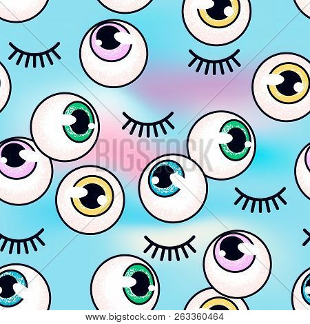 Pattern With Eyeballs On A Holographic Background. Eyes And Eyelashes. Fashion Background. Glitch St