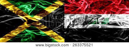 Jamaica Vs Iraq, Iraqi Smoke Flags Placed Side By Side. Thick Colored Silky Smoke Flags Of Jamaican 