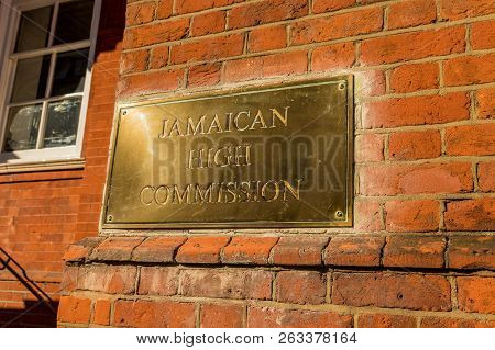 London. 2018. A View Of The Sign Outside The Jamaican High Commisssion In London