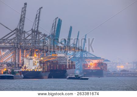 Rotterdam Europoort Industrial Harbor Landscape With Docked Ships Loaded By Cranes