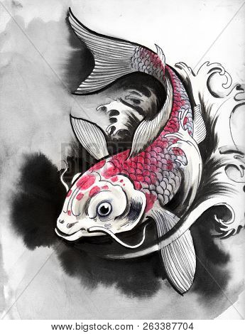 Coi Carp Fish. Ink And Watercolor Illustration
