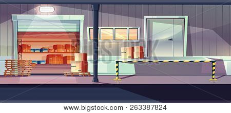 Industrial Warehouse Service Entrances Cartoon Vector With Open Roll Gates, Loading, Unloading Ramp 