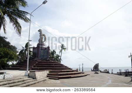 Sculpture Of Dolphins On The Waves Monument In Laem Thaen Cape For Travelers People Visit And Take P