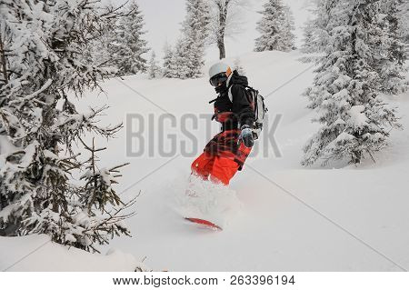 Male Snowboarder Riding Down The Hill On The Powdered Snow In The Mountain Tourist Resort In Goderzi