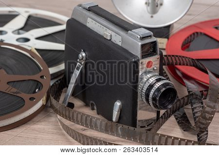 An Old Movie Camera 16mm With Reels Films