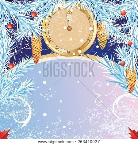 Christmas Vector Frame With Branches Of Fir-tree Ahd Clock