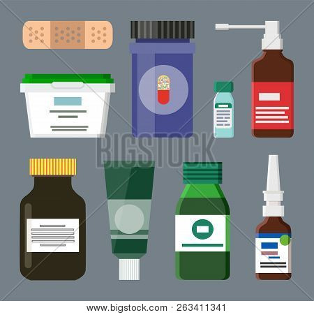 Medicine Bottles And Boxes With Healing Liquids Syrups. Medicamentation In Glass And Plastic Contain
