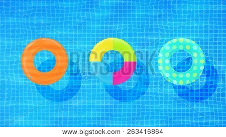 Swim Rings On Swimming Pool Water Background. Inflatable Rubber Toy. Realistic Summertime Illustrati