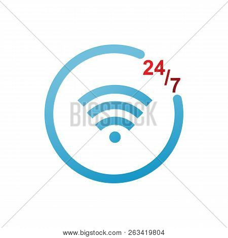 Wireless And 247 Symbol. Vector Illustration Design. Blue Color.