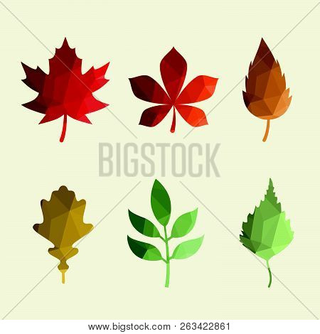 Set Of Brite Color Poligonal Vector Autumn Leaves