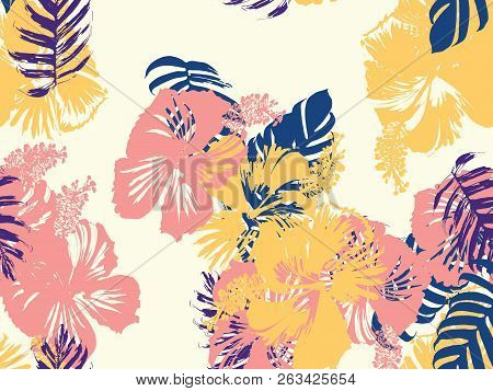 Tropical Background. Green, Pink, Red, Yellow Monstera, Hibiscus, Palm Vector Elements. Hawaiian Exo