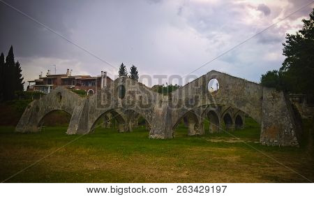 Panorama Of Venetian Arsenal And Shipyard In Gouvia At Corfu, Greece