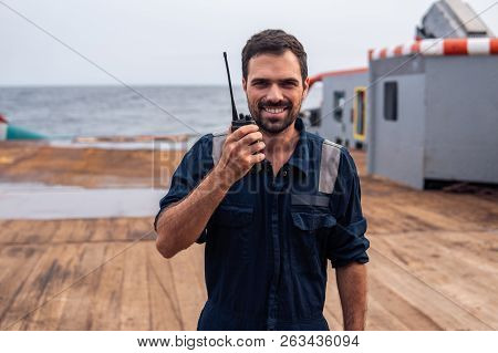 Marine Deck Officer Or Chief Mate On Deck Of Vessel Or Ship