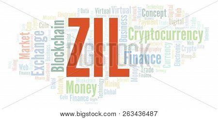 Zil Or Zilliqa Cryptocurrency Coin Word Cloud. Word Cloud Made With Text Only.