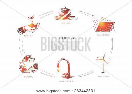 Ecology - Eco Food, Ecology, Solar Energy, Wind Turbine, Water Resourse, Recycling Vector Concept Se