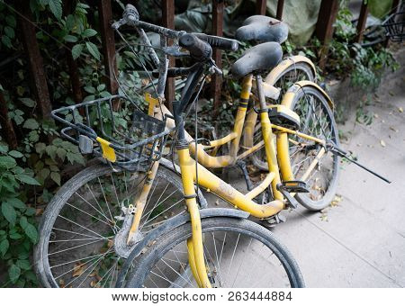 13 October 2018, Wuhan China : Abandoned Bikes From Ofo Bicycle Sharing Company In The Street In Wuh
