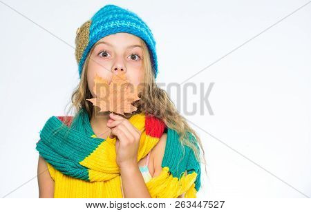 Autumn To Do List. Autumn Bucket List For Children. Girl Cute Face Wear Knitted Autumn Hat And Scarf