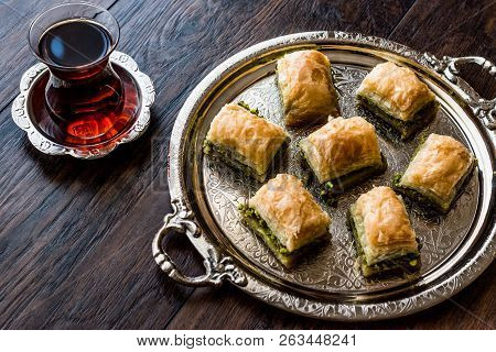 Turkish Dessert Baklava With Tea On Silver Tray.