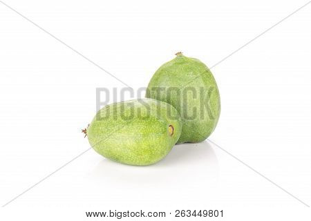 Group Of Two Whole Fresh Green Mini Baby Kiwi Fruit Pair Of Berries Isolated On White Background