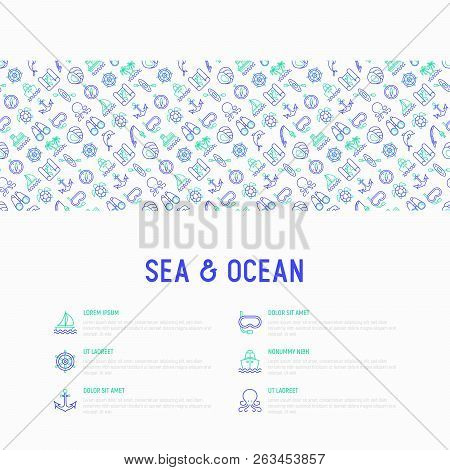 Sea And Ocean Journey Concept With Thin Line Icons: Sailboat, Fishing, Ship, Oysters, Anchor, Octopu