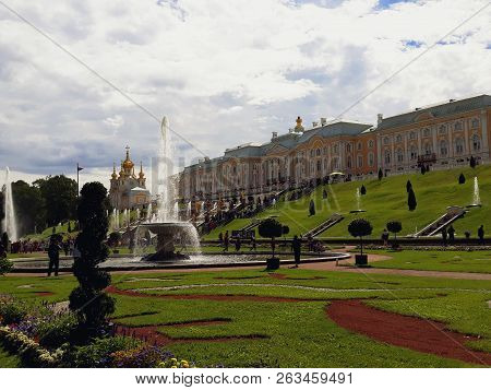 Saint Petersburg, Russia - August 7, 2018: Grand Cascade Of The Pertergof Palace
