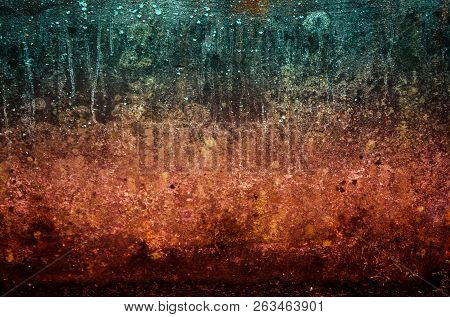 Piece Of Wall Of Three Colors, Celadon, Red, Reddish And Brown, Ginger, On The Surface From The Top 