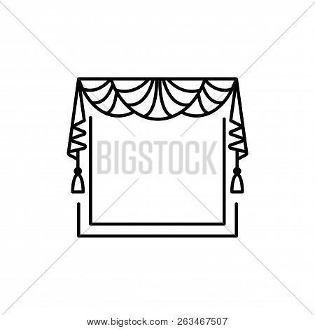 Vector Illustration Of Fabric Valance With Drapery. Line Icon Of Window Pelmet With 3 Fans And Tasse