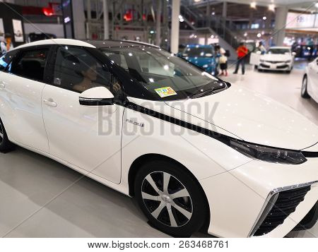 Tokyo, Japan - July 02, 2018: Toyota Mirai is a hydrogen fuel cell hybrid vehicle exhibited at the T