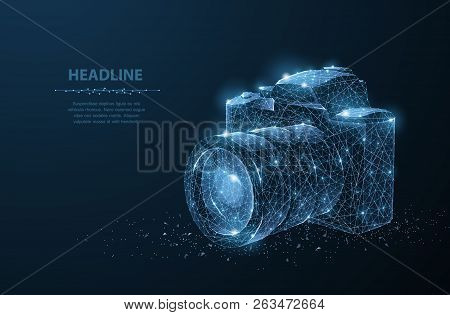 Camera. Abstract 3d Polygonal Wireframe Modern Professional Camera Isolated On Blue.