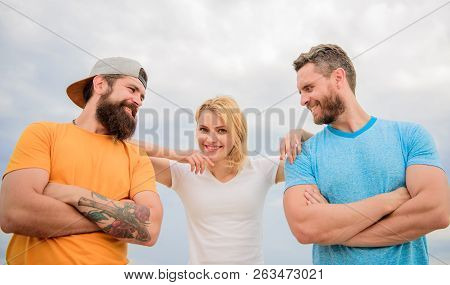 United By Idea. Woman And Men Look Confident While Stay Close Each Other Like Team. Shoulder On Whic