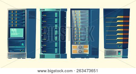 Set Of Various Cartoon Server Racks, Database Room, Data Center With Cloud Computer Connection. Host