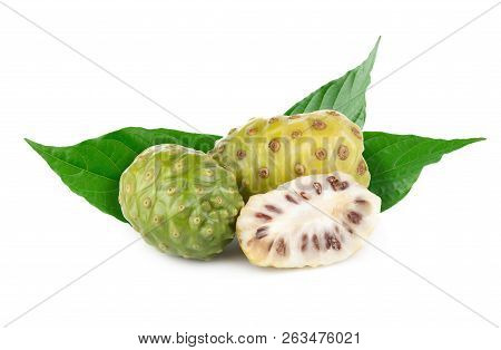 Noni Or Morinda Citrifolia Fruits And Green Leaf Isolated On White Background